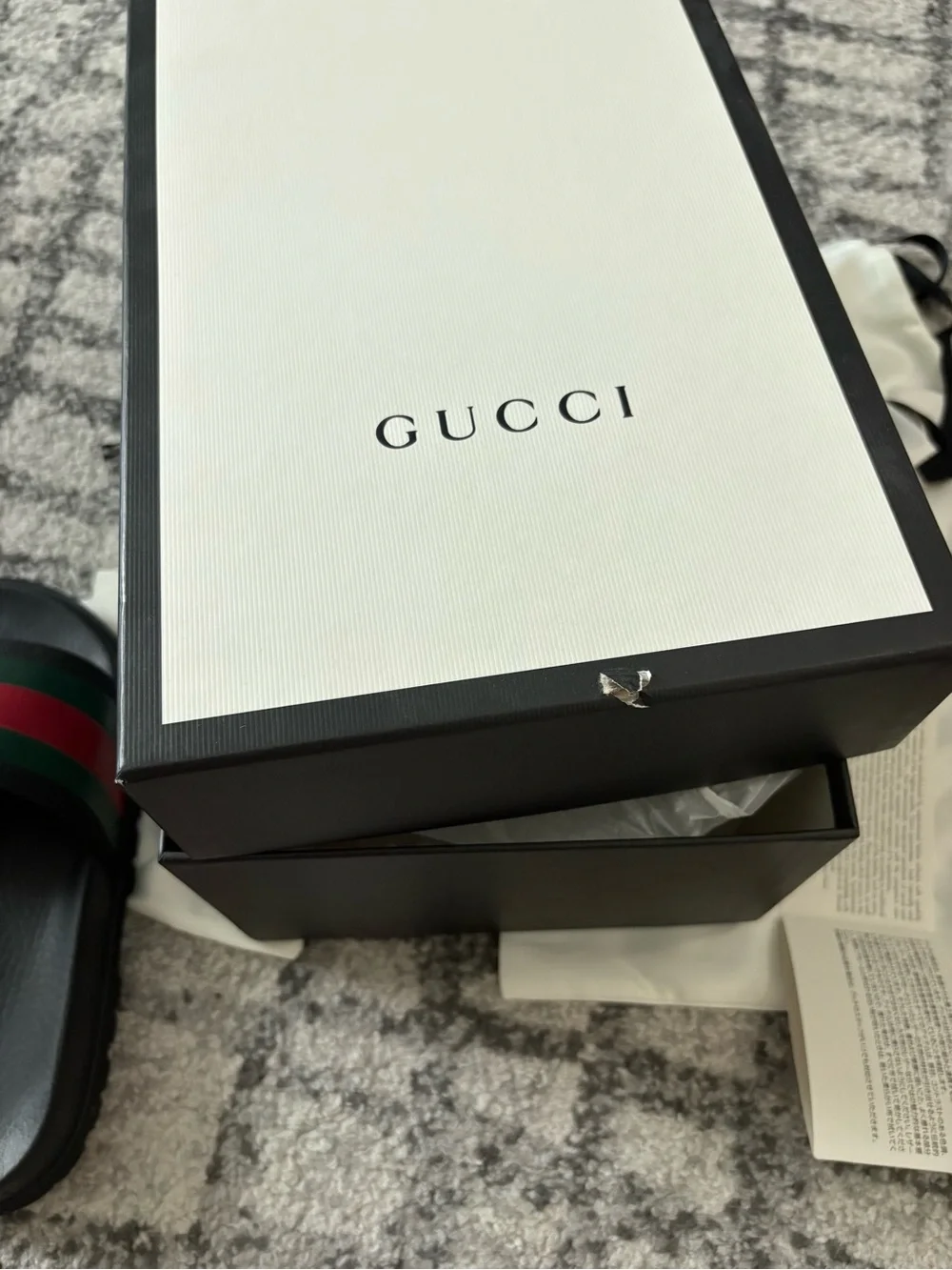Gucci Black Slides with Green and Red Web Stripe